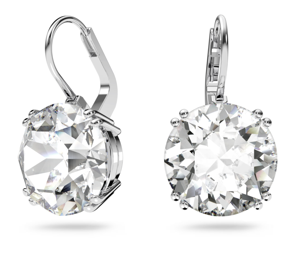 A pair of round-cut diamond earrings with silver hooks, presented against a white background.